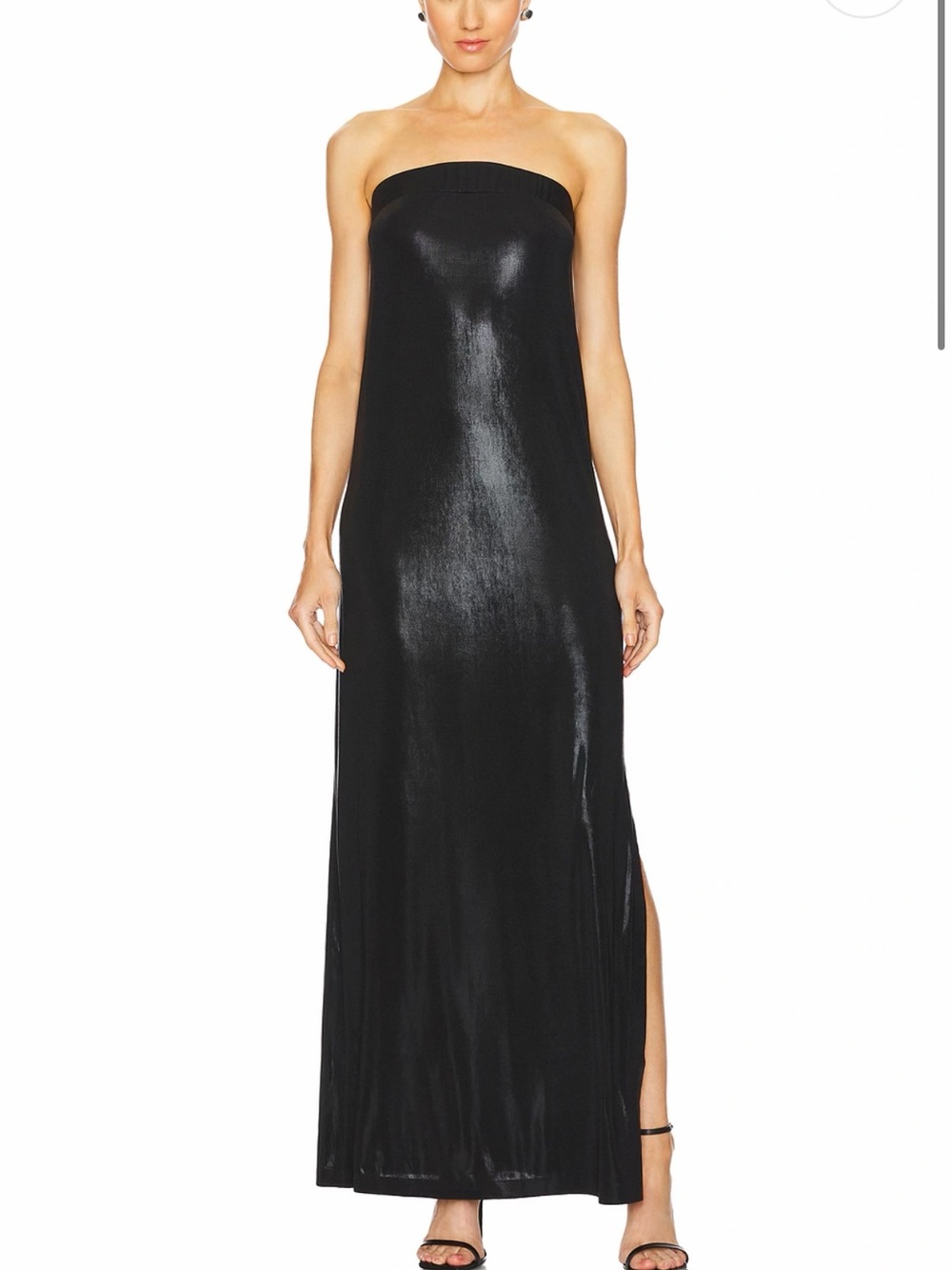 Norma Kamali Strapless Lamé Black Column Gown with Side Slit